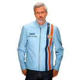 GrandPrix Originals Men's Gulf Roadmaster Lambskin Leather Racing Jacket - Gulf Blue/Navy/Ivory White