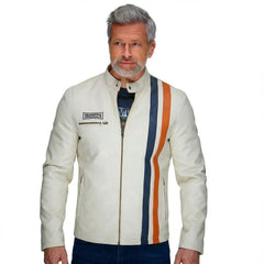 GrandPrix Originals Men's Gulf Roadmaster Lambskin Leather Racing Jacket - Gulf Blue/Navy/Ivory White
