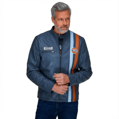 GrandPrix Originals Men's Gulf Roadmaster Lambskin Leather Racing Jacket - Gulf Blue/Navy/Ivory White