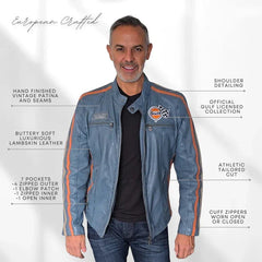 GrandPrix Originals Men's Lambskin Leather Racing Jacket - Olive/Gulf Blue/Orange