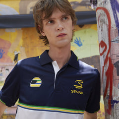 Ayrton Senna F1 Striped Polyester Panel Polo Shirt - Navy