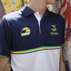 Ayrton Senna F1 Striped Polyester Panel Polo Shirt - Navy